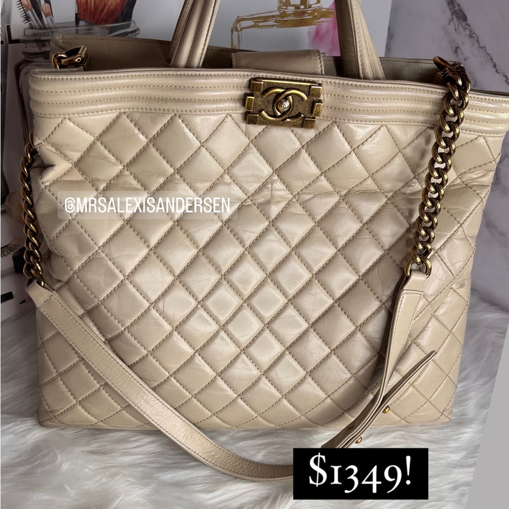 ❌not available❌Chanel Boy Shopping Tote in beige with aged gold hardware.